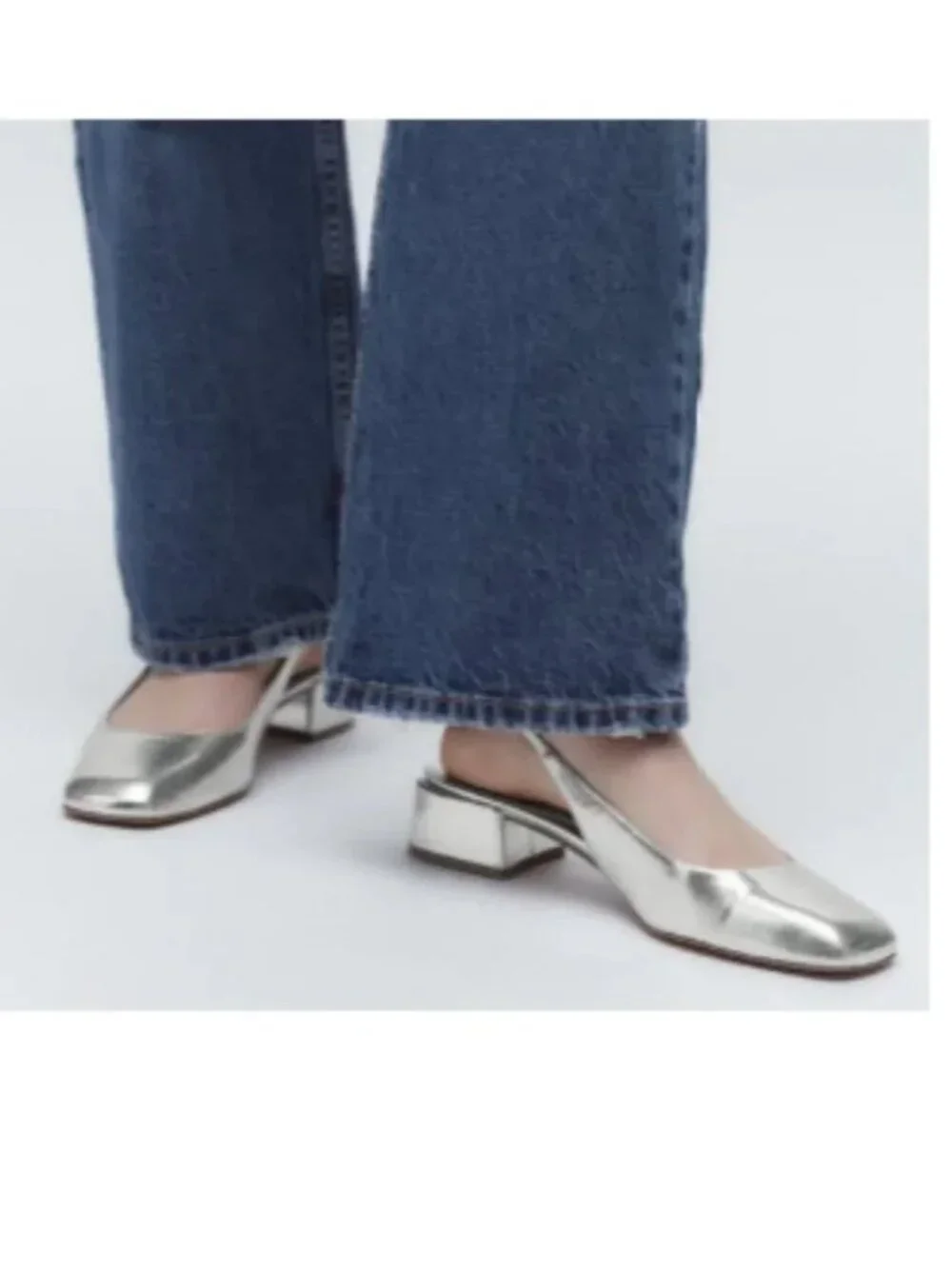 Zara Block Heel Ballerina Square Toe Slingback Heels Silver Size 40/9-9.5 - Picture 6 of 16